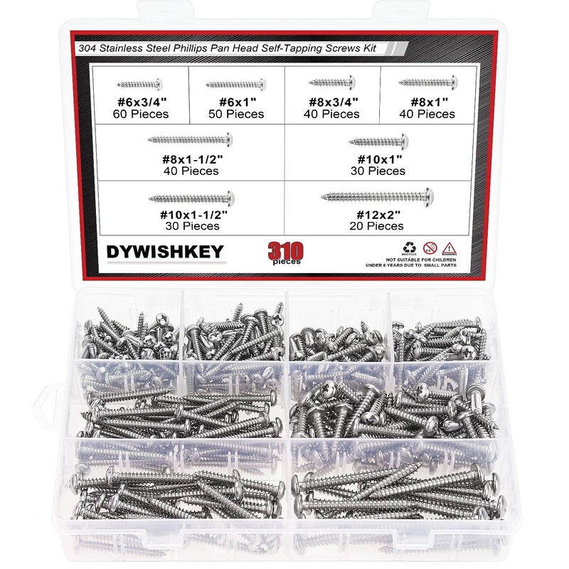 DYWISHKEY 310 Pieces #6#8#10#12 Stainless Steel 304 Phillips Pan Head Self-Tapping Screws, Wood Screws Assortment Kit - Image 1